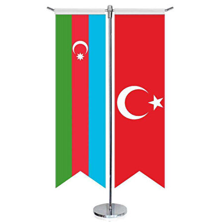 Azerbaycan Bayrağı Ve Türkiye - Kırlangıç - Saten T Direk 2li Masa Bayrağı