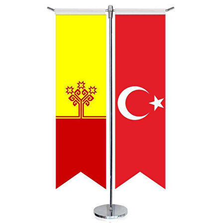 Çuvaşistan Cumhuriyeti Bayrağı Ve Türkiye - Kırlangıç - Saten T Direk 2li Masa Bayrağı