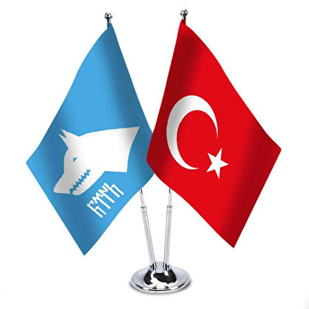Göktürkçe Türk Yazısı Ve Türkiye - İkili Saten Masa Bayrağı