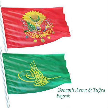 Kırmızı Osmanlı Arması Bayrağı Ve Yeşil Tuğra Bayrak Set