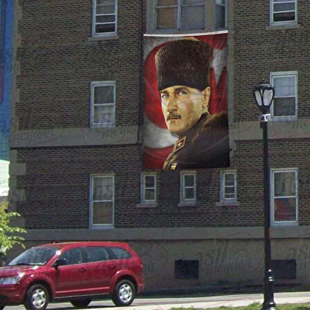 Mavi Gözlü Kalpaklı Gazi Mustafa Kemal Atatürk - Ay Yıldızlı Poster Cephe Bayrak - 300x450cm