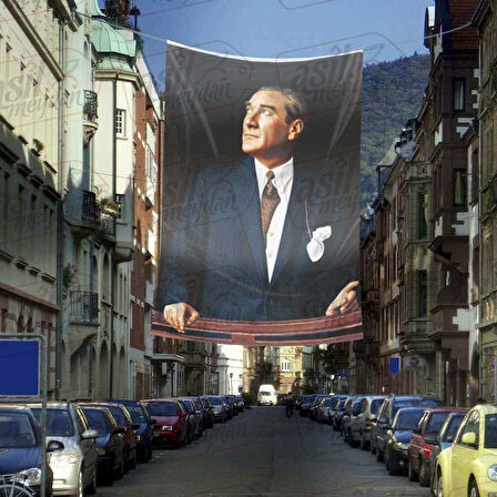 Takım Elbiseli Sivil Göğe Bakan Gazi Mustafa Kemal Atatürk - Portre Cephe Poster Bayrak-4x6 Metre