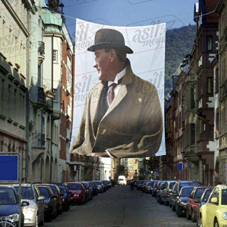Şapka- Palto - Modern Sivil Gazi Mustafa Kemal Atatürk - Portre Cephe Poster Bayrak-4x6 Metre