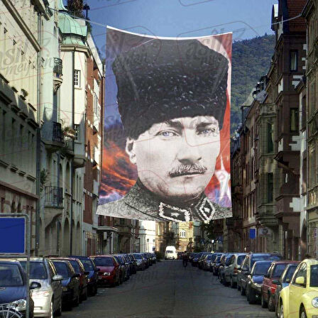 Kalpaklı Gazi Mustafa Kemal Atatürk - Ay Yıldız Türk Bayrağı Cephe Poster Bayrak -4x6 Metre