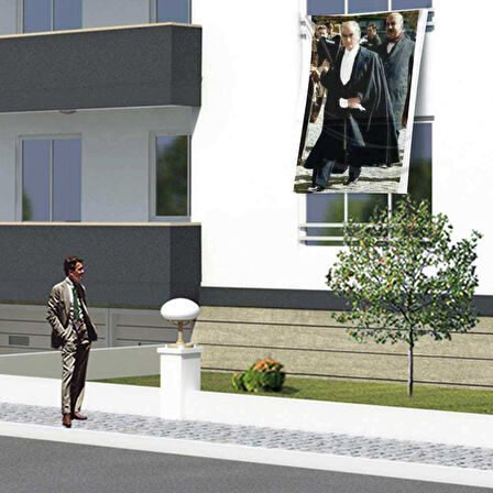 Pelerinli Mustafa Kemal Atatürk Poster Cephe Bayrağı-1,5x2,25 Metre
