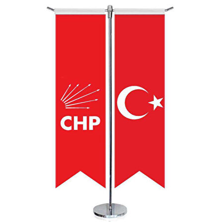 Kırmızı Cumhuriyet Halk Partisi (chp) Bayrağı Ve Türkiye -kırlangıç - Saten T Direk 2li Masa Bayrağı