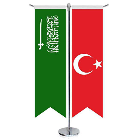 Suudi Arabistan Krallığı Bayrağı Ve Türkiye - Kırlangıç - Saten T Direk 2li Masa Bayrağı