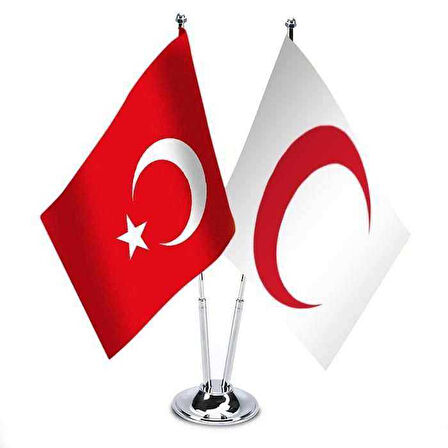 Kızılay Ve Türkiye - İkili Paslanmaz Metal Krom Direkli Saten Masa Bayrağı