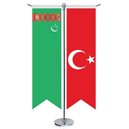 Türkmenistan Cumhuriyeti Bayrağı Ve Türkiye - Kırlangıç - Saten T Direk 2li Masa Bayrağı