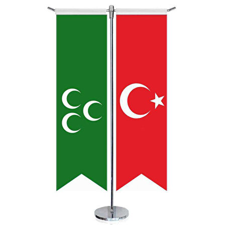 Yeşil Üç Hilal Ve Türkiye - Kırlangıç - Saten T Direk 2li Masa Bayrağı