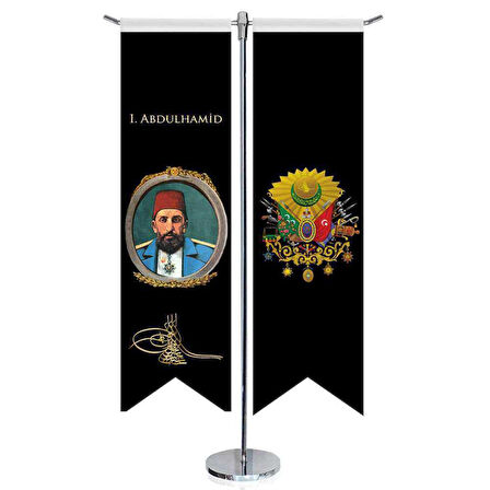 Osmanlı Padişahları -ıı, Abdülhamid Ve Osmanlı Arması - Kırlangıç -saten T Direk 2li Masa Bayrağı