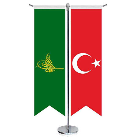 Yeşil Osmanlı Tuğrası Bayrağı Ve Türkiye -kırlangıç -saten T Direk 2li Masa Bayrağı