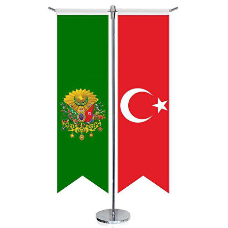 Yeşil Osmanlı Arması Bayrağı Ve Türkiye -kırlangıç -saten T Direk 2li Masa Bayrağı