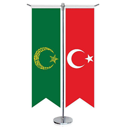 Yeşil Ayyıldız Kelime-i Tehvid Bayrağı Ve Türkiye - Kırlangıç -saten T Direk 2li Masa Bayrağı
