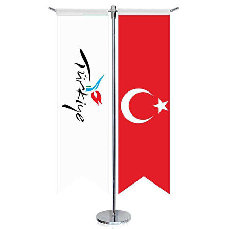 Turkey Logolu Ve Türkiye - Kırlangıç -saten T Direk 2li Masa Bayrağı