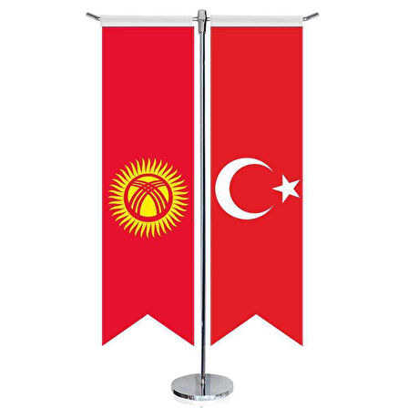 Kırgızistan Cumhuriyeti Bayrağı Ve Türkiye - Kırlangıç - Saten T Direk 2li Masa Bayrağı