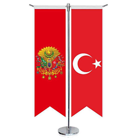 Kırmızı Osmanlı Arması Bayrağı Ve Türkiye - Kırlangıç - Saten T Direk 2li Masa Bayrağı