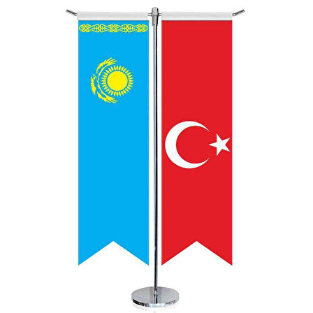 Kazakistan Cumhuriyeti Bayrağı Ve Türkiye -kırlangıç -saten T Direk 2li Masa Bayrağı