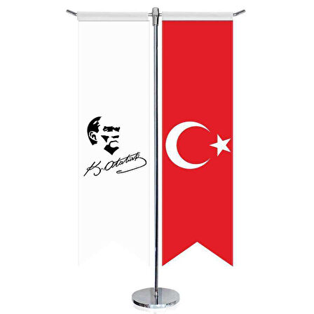 Mustafa Kemal Atatürk İmzalı Silüeti - Karakalem Ve Türkiye-kırlangıç-saten T Direk 2li Masa Bayrağı