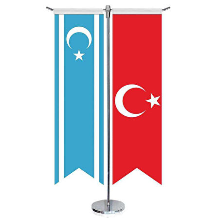 Irak Türkmenleri Cumhuriyeti Bayrağı Ve Türkiye - Kırlangıç - Saten T Direk 2li Masa Bayrağı