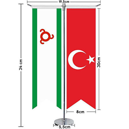 İnguşetya Cumhuriyeti Bayrağı Ve Türkiye - Kırlangıç - Saten T Direk 2li Masa Bayrağı