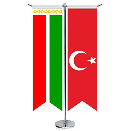 Çeçenistan Bayrağı - Logo Ve Türkiye - Kırlangıç - Saten T Direk 2li Masa Bayrağı