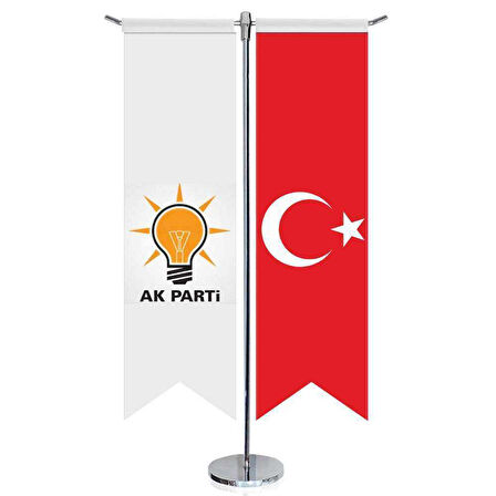 Beyaz Akparti (akp) Bayrağı Ve Türkiye - Kırlangıç - Saten T Direk 2li Masa Bayrağı