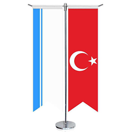 Altay Cumhuriyeti Bayrağı Ve Türkiye - Kırlangıç - Saten T Direk 2li Masa Bayrağı