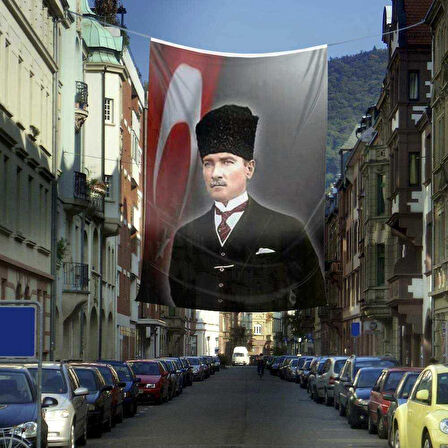 Ay Yıldız - Kalpaklı Gazi Mustafa Kemal Atatürk Cephe Poster Bayrağı -4x6 Metre