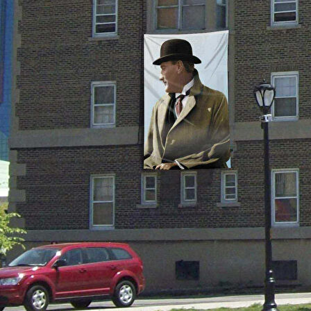 Şapkalı Sivil Gazi Mustafa Kemal Atatürk Poster Cephe Bayrağı -3x4,5 Metre