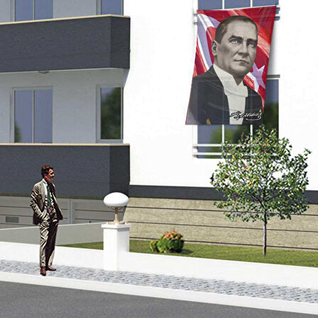Şık Takım Elbiseli Gazi Mustafa Kemal Atatürk Ay-yıldız Poster Cephe Bayrak- 1,5x1,25 Metre