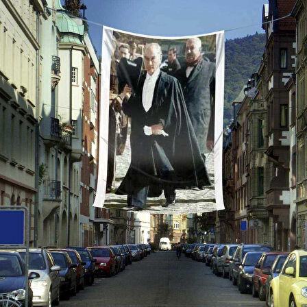 Pelerinli Gazi Mustafa Kemal Atatürk Poster Cephe Bayrağı- 4x6 Metre