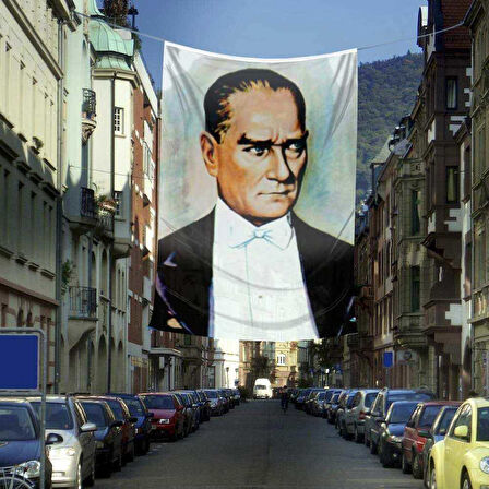 Sivil Mustafa Kemal Atatürk Portre Poster Cephe Bayrağı -bayrak -4x6 Metre