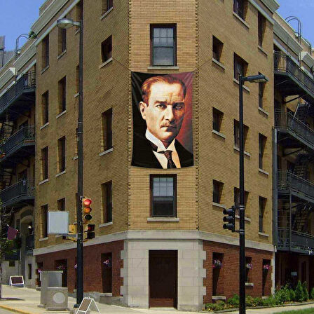 Sivil Gazi Mustafa Kemal Atatürk Portre Poster Cephe Bayrağı - 2x3 Metre