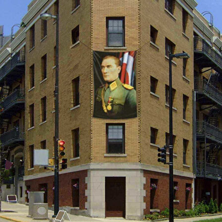 Üniformalı Gazi Mustafa Kemal Atatürk Poster Cephe Bayrak -200x300cm - 2x3 Metre