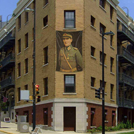 Üniformalı Gazi Mustafa Kemal Atatürk Poster Cephe Bayrak 200x300cm -2x3 Metre