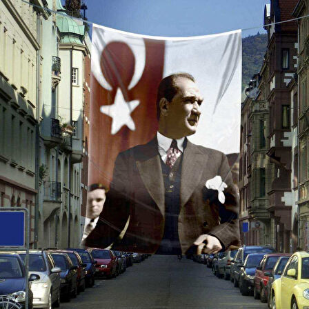 Sivil Mustafa Kemal Atatürk - Ay Yıldız Türk Bayrağı Poster Cephe Bayrağı - 6x9 Metre