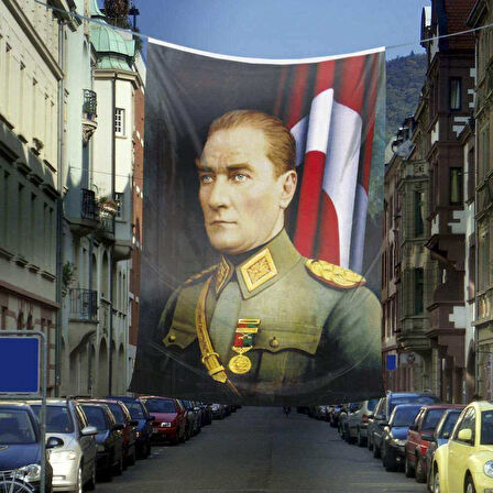 Üniformalı Gazi Mustafa Kemal Atatürk - Ay Yıldız Dış Cephe Poster Bayrak -600x900 Cm