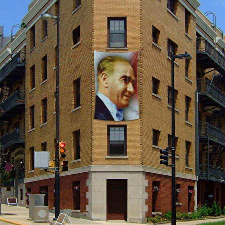 Gülümseyen Mustafa Kemal Atatürk Yan Portre Poster Cephe Bayrağı - 2x3 Metre