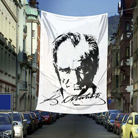 Siyah - Beyaz Mustafa Kemal Atatürk Silüeti Ve İmza Dış Cephe Poster Bayrağı - 6x9 Metre