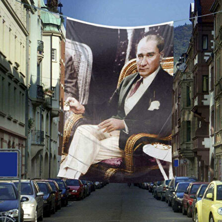 Takım Elbiseli Sivil Mustafa Kemal Atatürk Dış Cephe Poster Bayrağı - 6 X 9 Metre