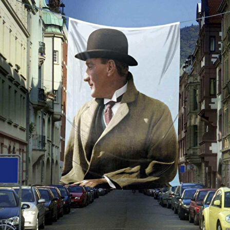 Şapkalı Sivil Mustafa Kemal Atatürk Poster Dış Cephe Bayrağı - 6x9 Metre