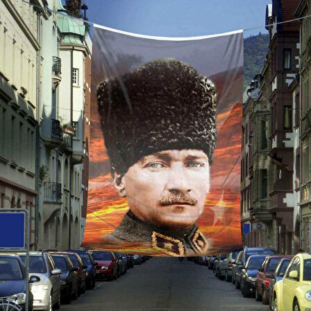 Üniformalı Kalpaklı Gazi Mustafa Kemal Atatürk Dış Cephe Poster Bayrağı -bayrak -600x900 Cm