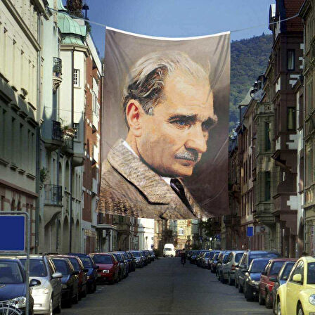 Mustafa Kemal Atatürk Yan Portre Cephe Poster Bayrak -400x600 Cm -4x6 Metre