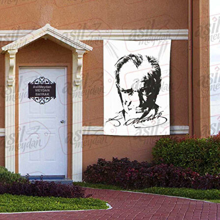 Gülümseyen Gazi Mustafa Kemal Atatürk Silüeti - K, Atatürk İmzalı Poster - Bayrak 100x150 Cm