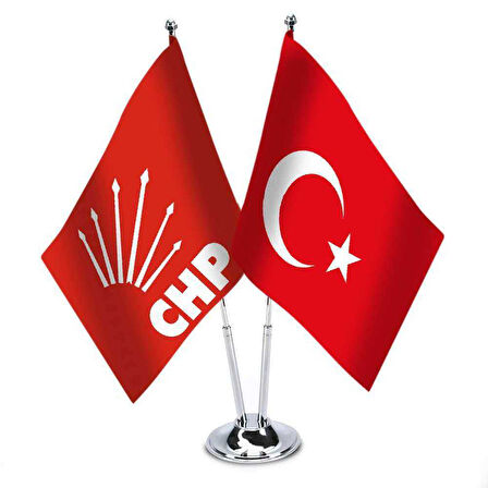 Kırmızı Chp Ve Türkiye - İkili Saten Masa Bayrağı Set