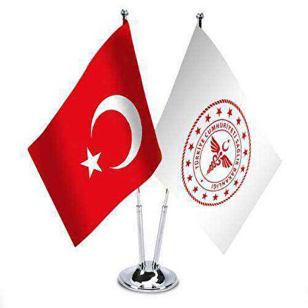 T,c, Sağlık Bakanlığı Ve Türkiye - İkili Paslanmaz Metal Krom Direkli Saten Masa Bayrağı