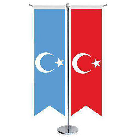 Doğu Türkistan Bayrağı Ve Türkiye -saten T Direk 2li Masa Bayrağı