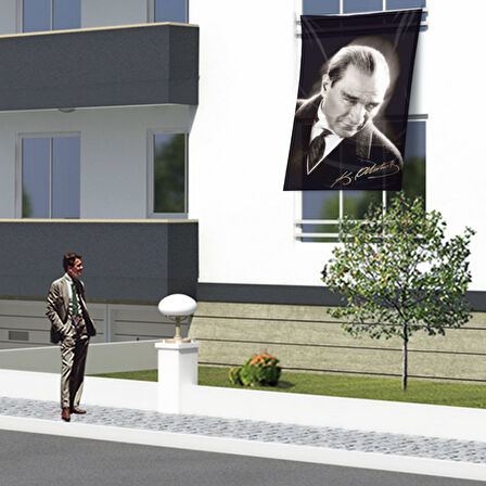 Altın İmzalı Mustafa Kemal Atatürk Dik Bakış Portre Bayrak Dış Cephe Poster Ata42