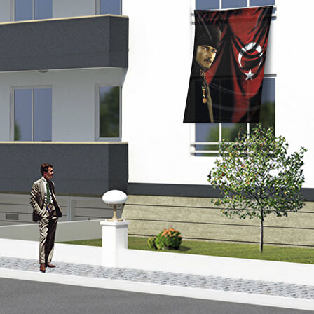 Ay Yıldız Bayrak Yanında Kalpaklı Atatürk Bayrağı Dış Cephe Poster Ata50